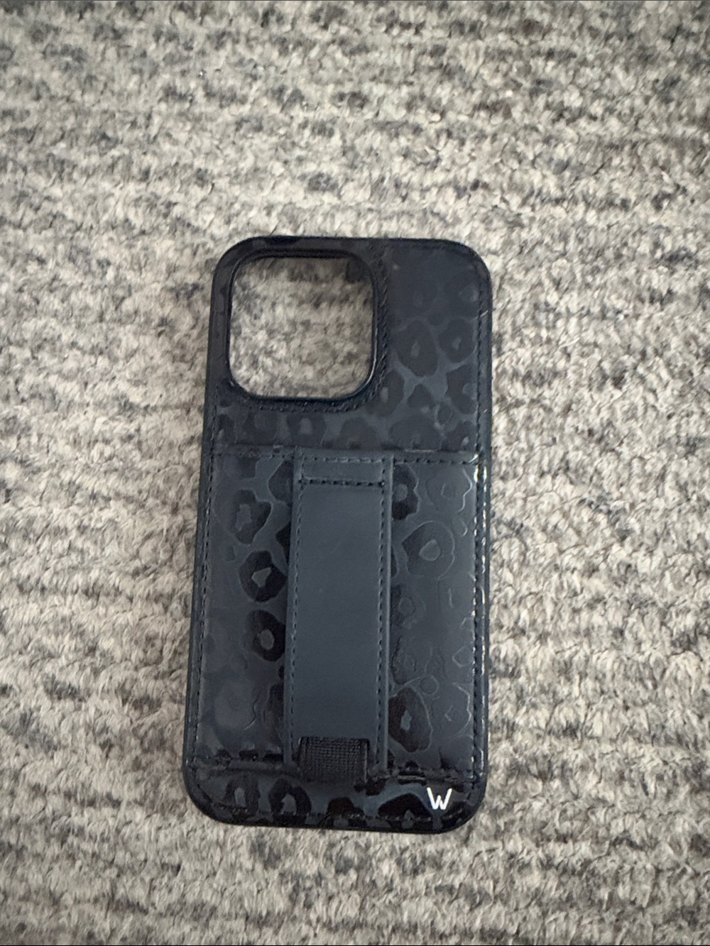 Black Leopard-Print iPhone 14 Pro Phone Case with Hand Strap and wallet pocket